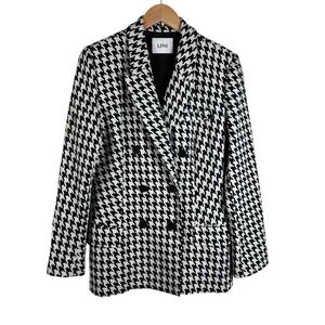 LINI Hounds Tooth Double Breasted Blazer Women's Size M Black White Lined Jacket